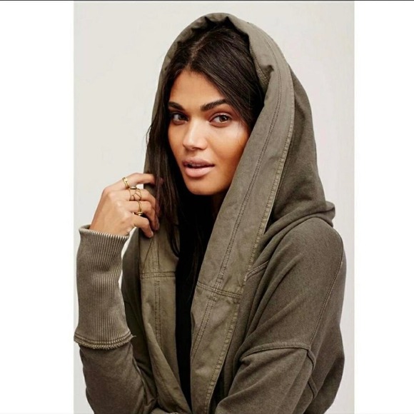 Free People Womens sz Large Brentwood Hooded Cardigan Jacket Olive Green Cotton - Picture 2 of 14